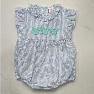 Stitchy Fish Blue Seersucker Romper with Mickey Mouse Ears, size 12 months